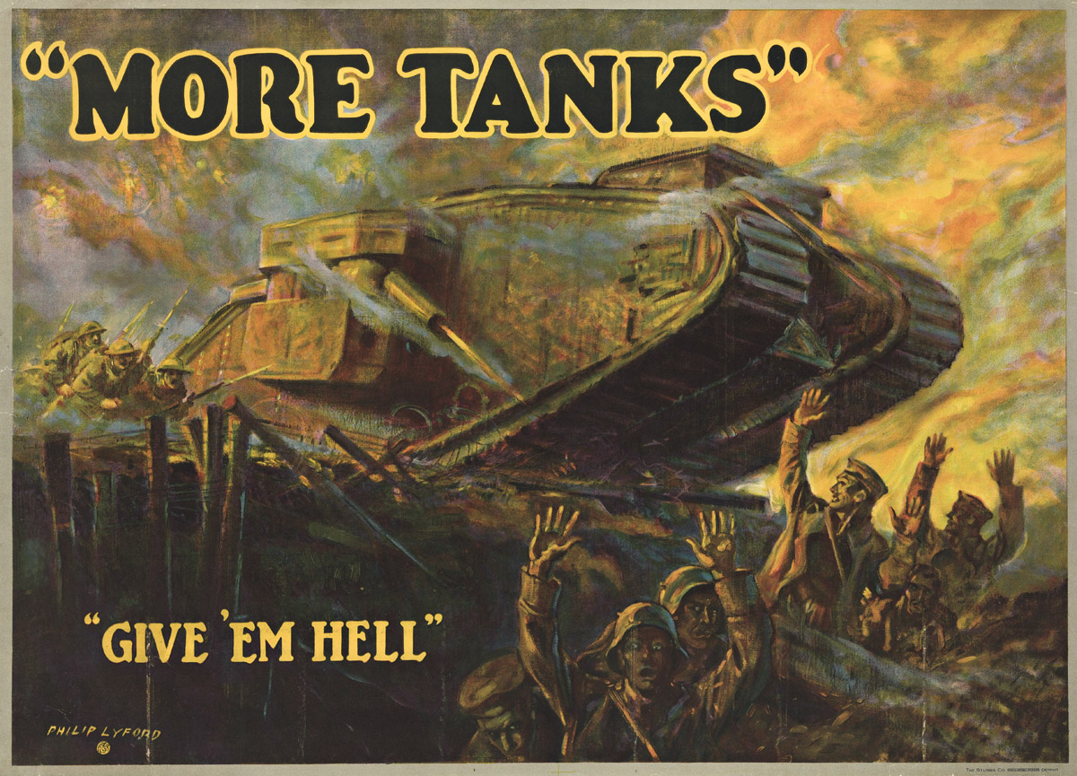 PHILIP LYFORD (1887-1950).  MORE TANKS / GIVE EM HELL. 20x27¾ inches, 50¾x70½ cm. The Stubbs Co., Detroit.